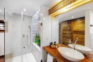 Hair dryer, towels, soap, shampoo