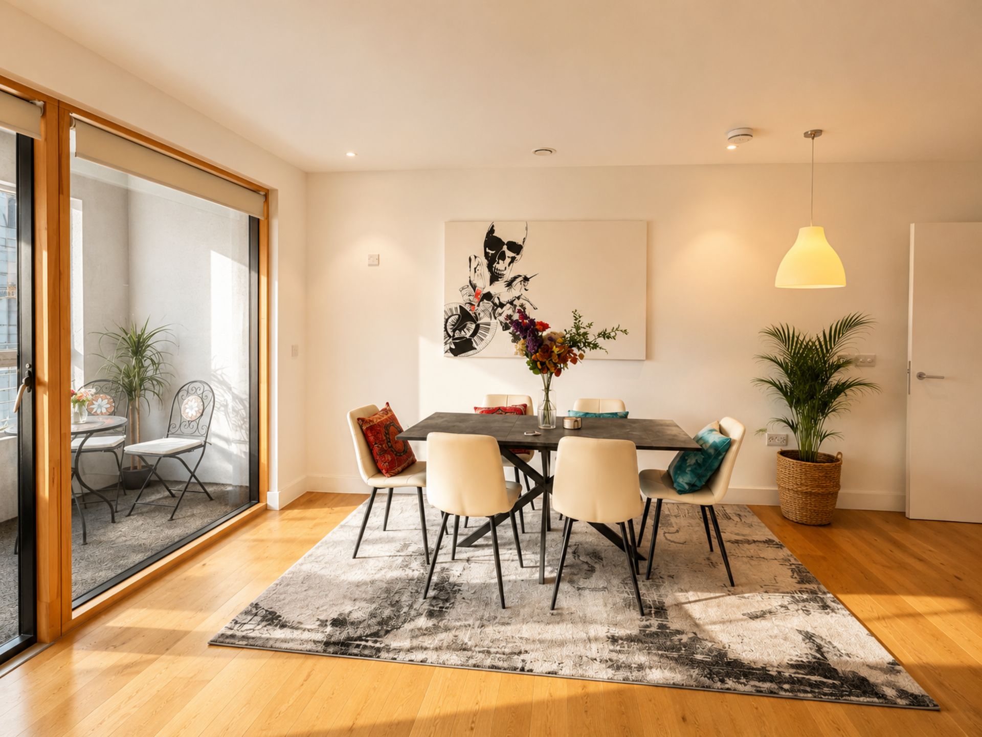 A dining area with a table, chairs, a vase with flowers, and a painting on the wall.