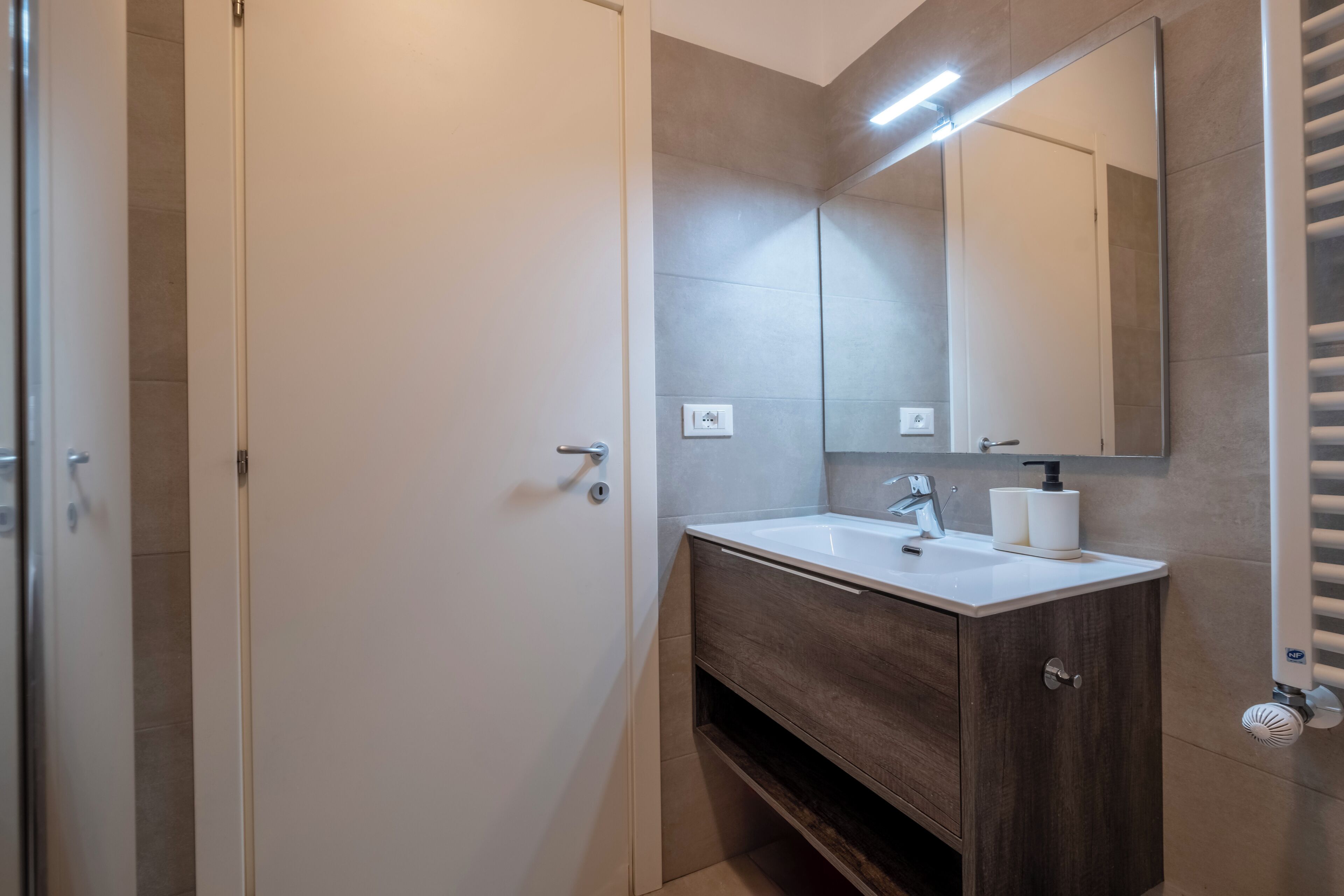 A modern bathroom with a shower, a sink, and a mirror.