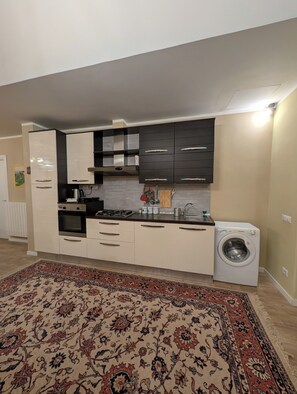 A compact kitchen with modern appliances, a washing machine, and a patterned rug.