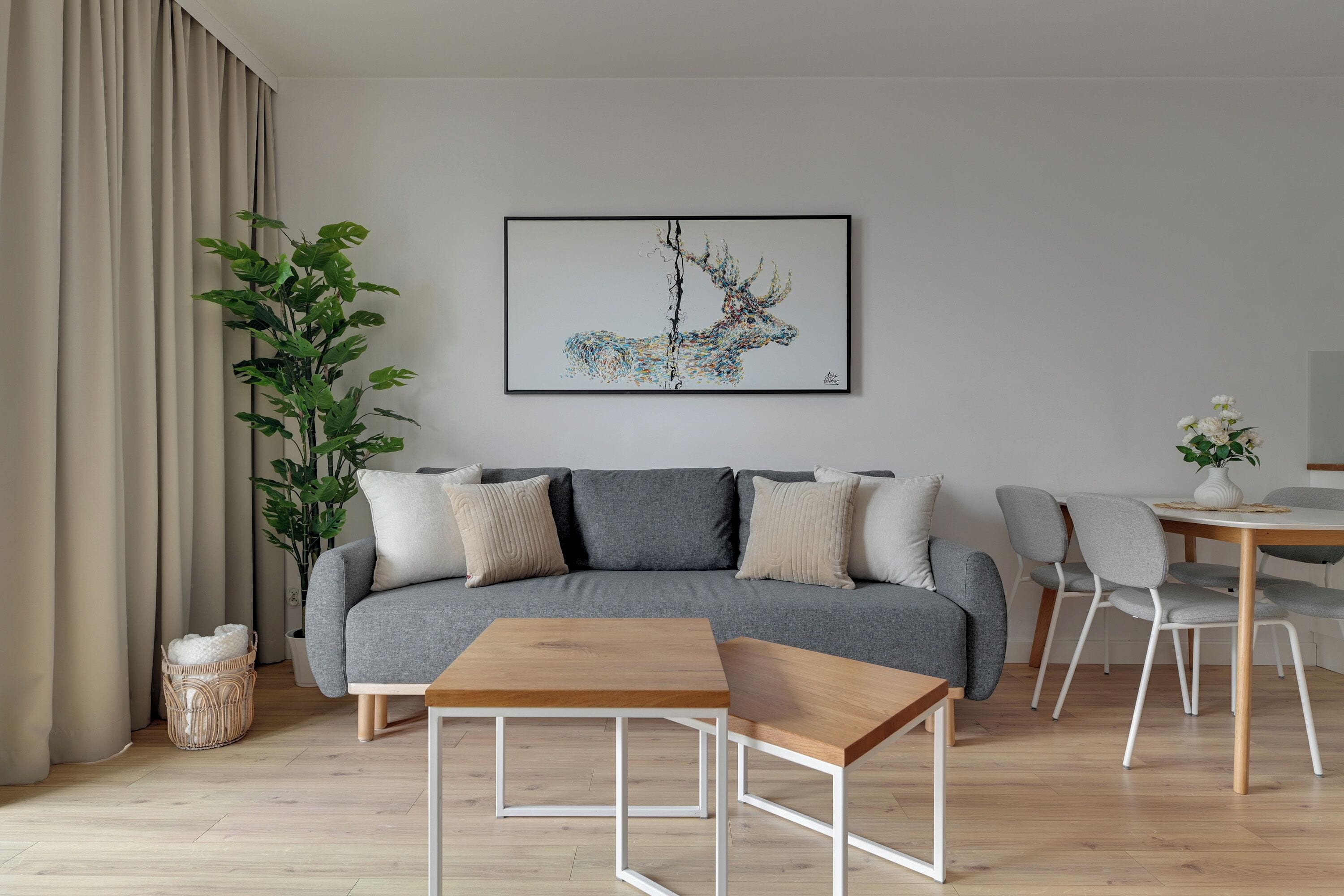 A modern living room with a grey sofa, a wooden coffee table, and a potted plant.