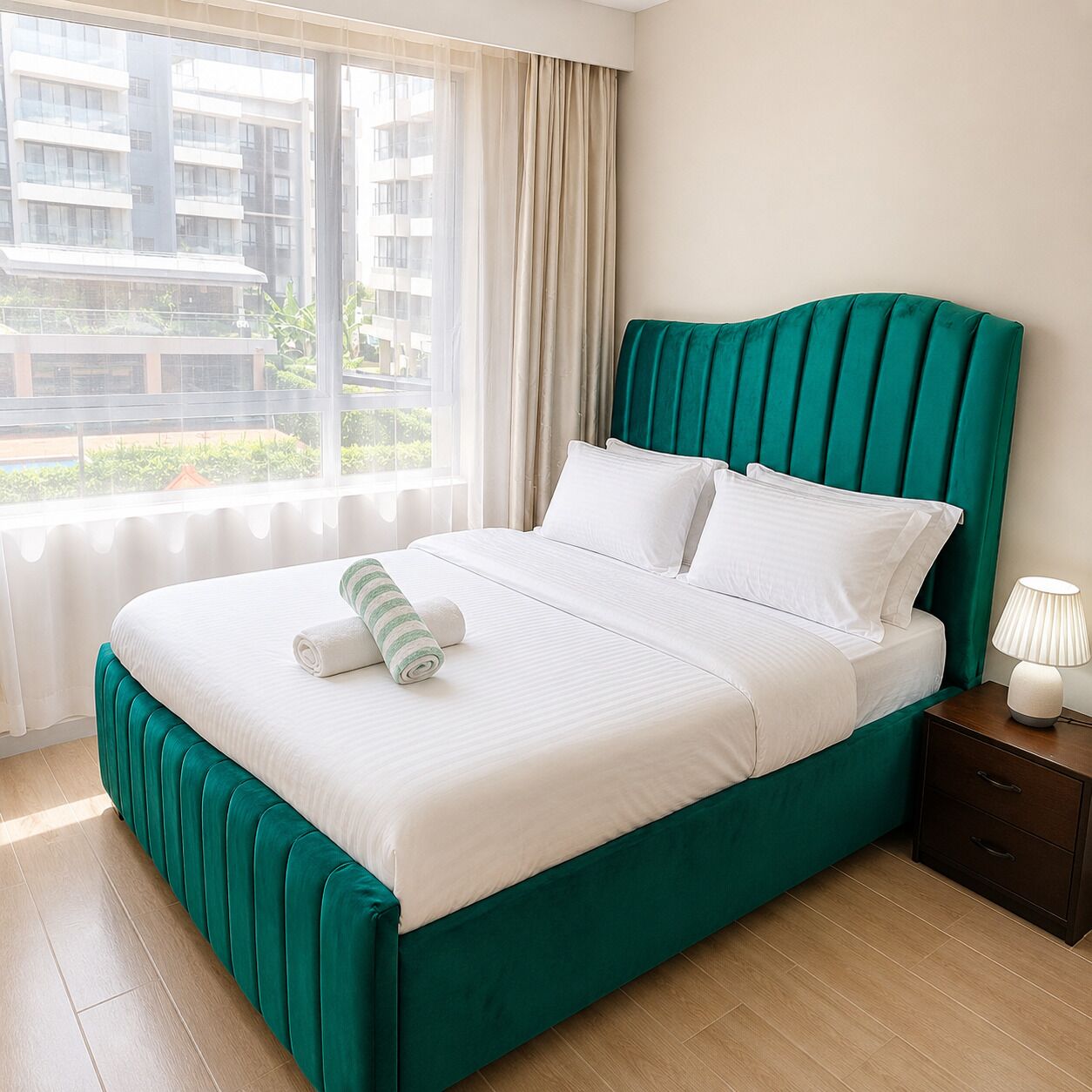 Habitación de hotel con cama, mesita de noche, lámpara, ventana con cortinas y vistas a edificios.