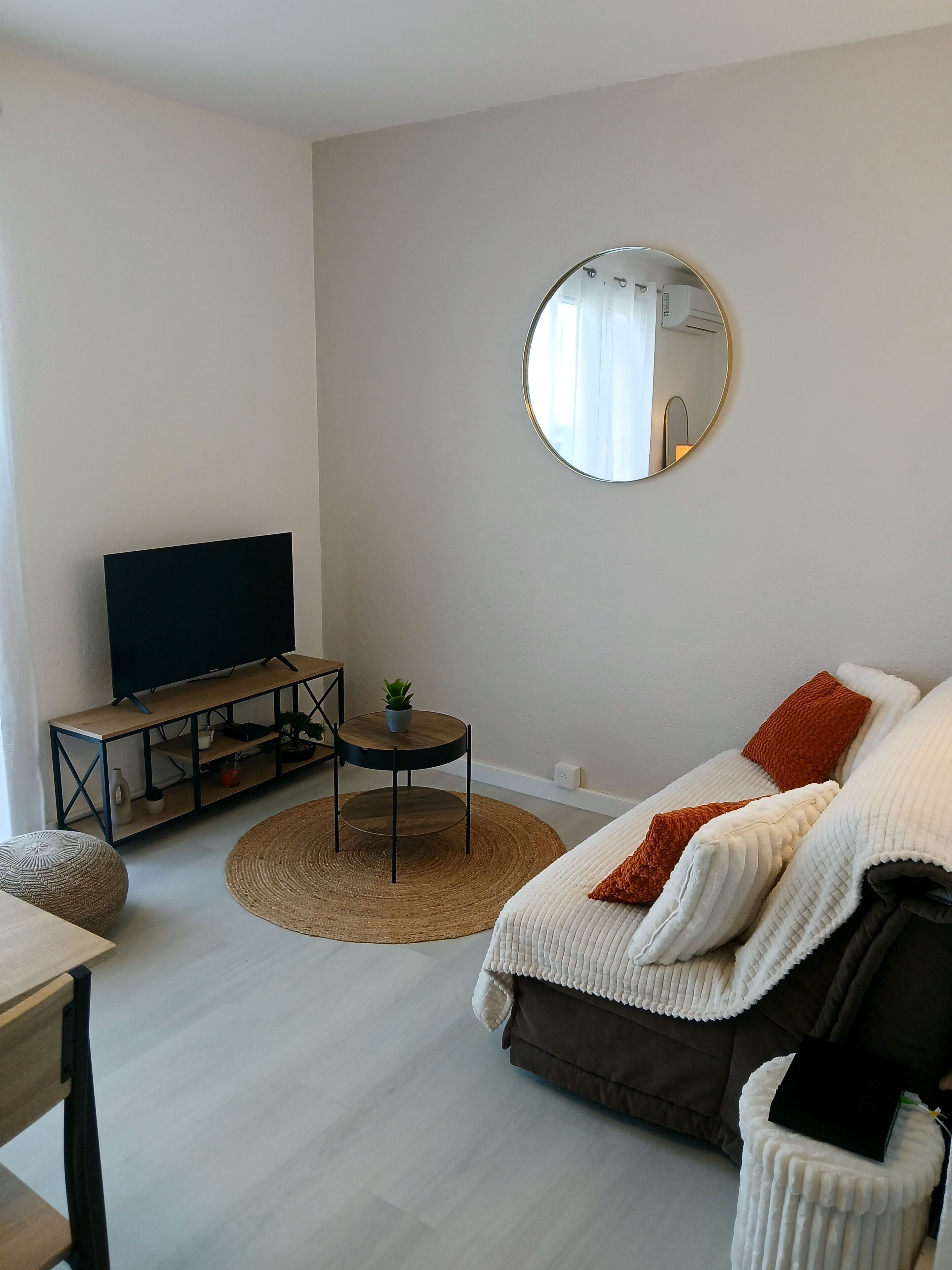Un salon comprenant un téléviseur, un miroir rond, un canapé avec des coussins, une petite table avec une plante et un tapis tissé.