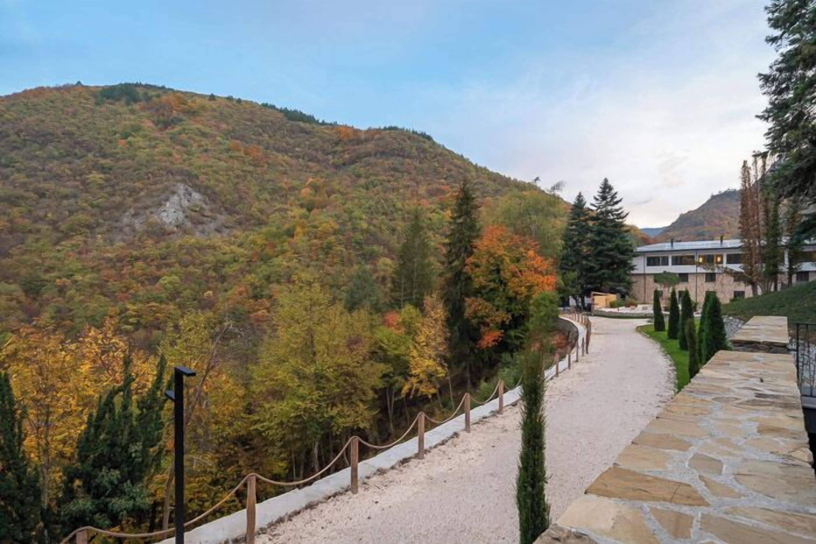 Un sendero que conduce a un edificio de fachada de piedra, rodeado por una ladera boscosa.