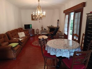 Uma sala de estar com sofá, televisão, lareira e mesa de jantar.