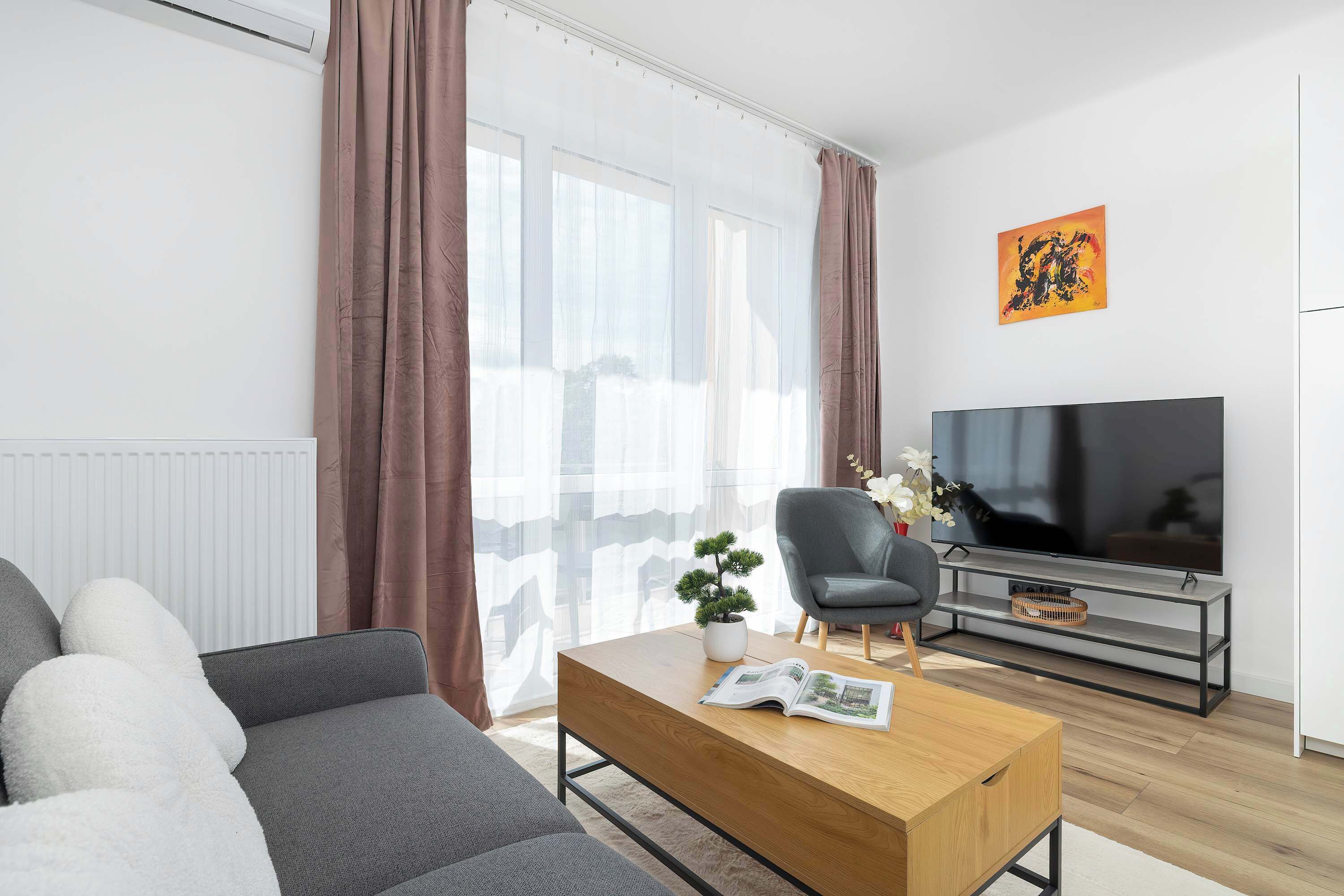 Un salon moderne avec un canapé gris, une table basse, un téléviseur et une plante en pot.