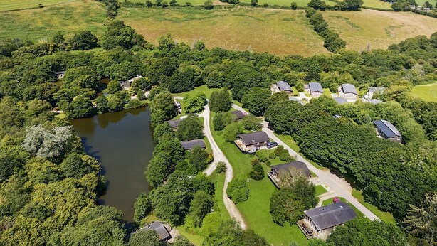 Ett flygbildsbild av ett bostadsområde med hus omgivna av frodig grönska och en sjö.