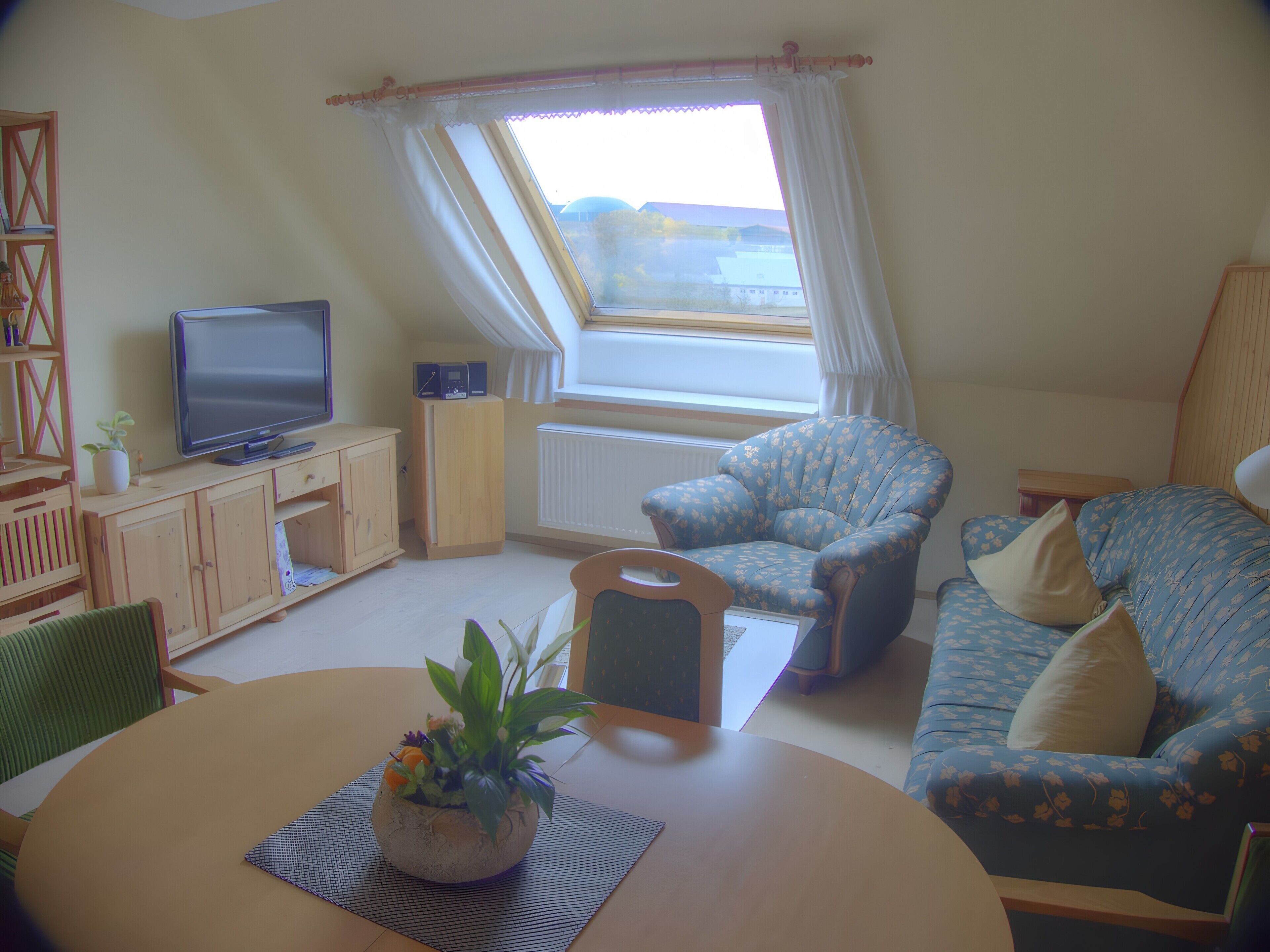 Un salon comprenant une télévision, un canapé, un fauteuil, une table avec une plante et une fenêtre avec des rideaux.