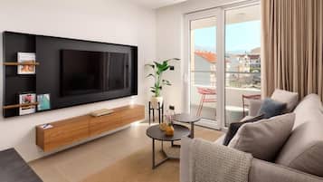 Una sala de estar moderna con un televisor de pantalla plana, un mueble de madera y una planta.