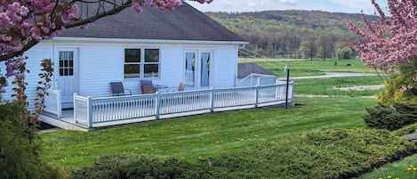 A white house with a porch, a small deck, and a view of a green landscape.