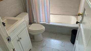 Hair dryer, towels, soap, toilet paper