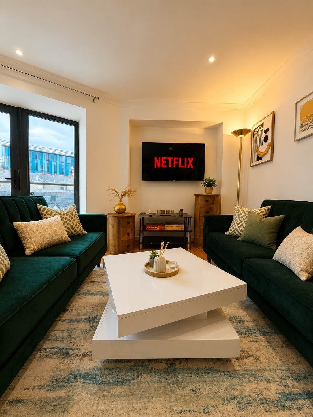 A modern living room with two green sofas, a white coffee table, and a flat-screen TV mounted on the wall displaying 'NETFLIX'.