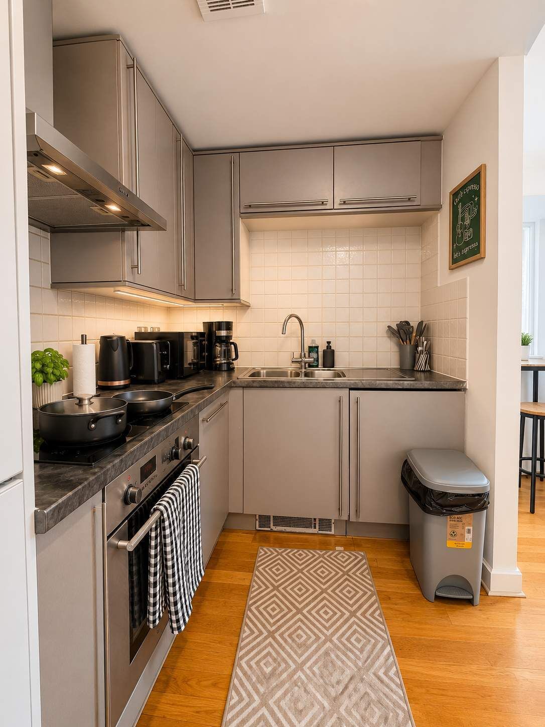 A modern kitchen with stainless steel appliances, a tiled backsplash, and a small trash bin.