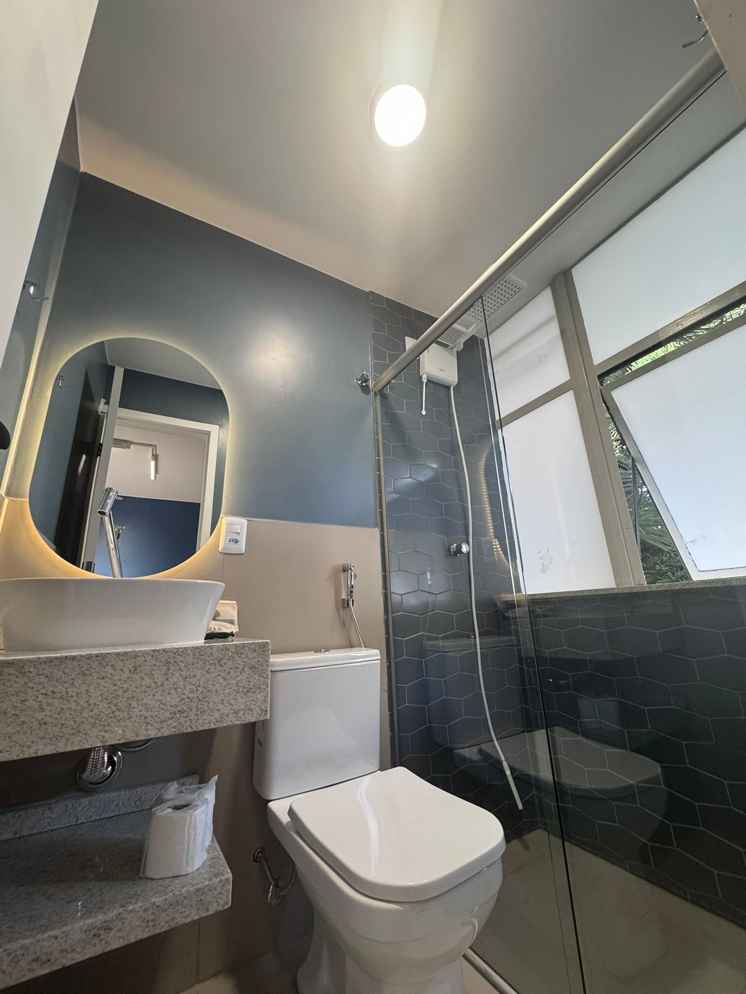 A modern bathroom with a glass-enclosed shower, a white toilet, and a sink with a large mirror above it.