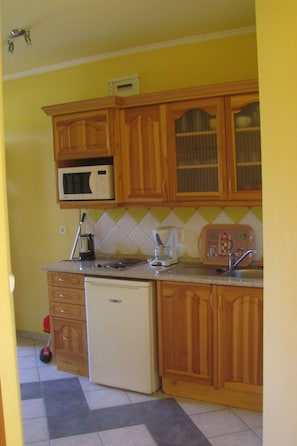 A kitchen with wooden cabinets, a microwave, a coffee maker, and a refrigerator. - Alsohegyi apartmanok by Interhome (Zalakaros-Thermal)