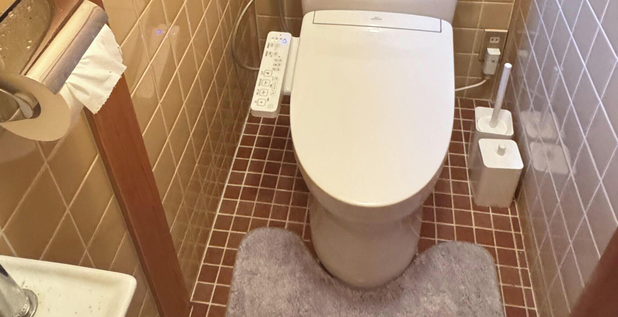 A bathroom with a toilet, a bidet, and a control panel.