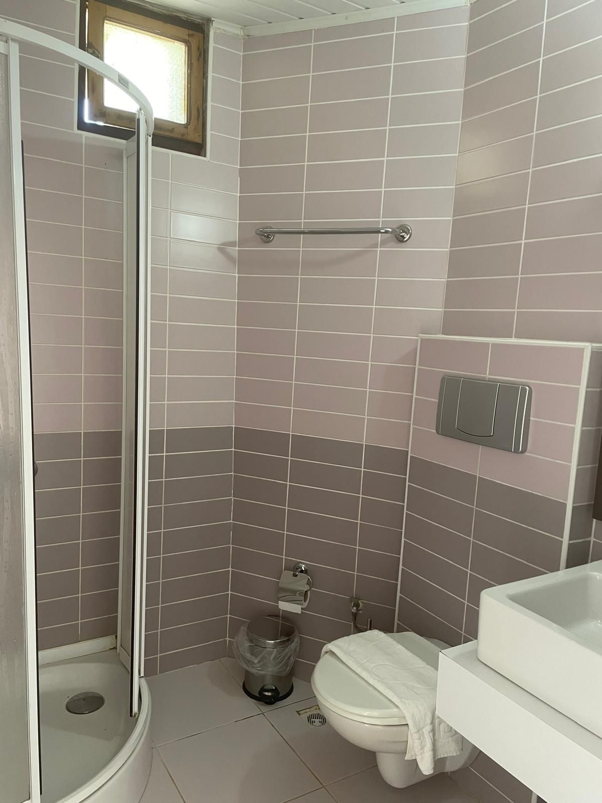 Baño con ducha, inodoro y lavamanos.