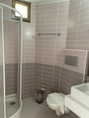 Baño con ducha, inodoro y lavamanos.