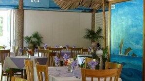 A restaurant with wooden tables and chairs, a thatched roof, and a mural of dolphins.
