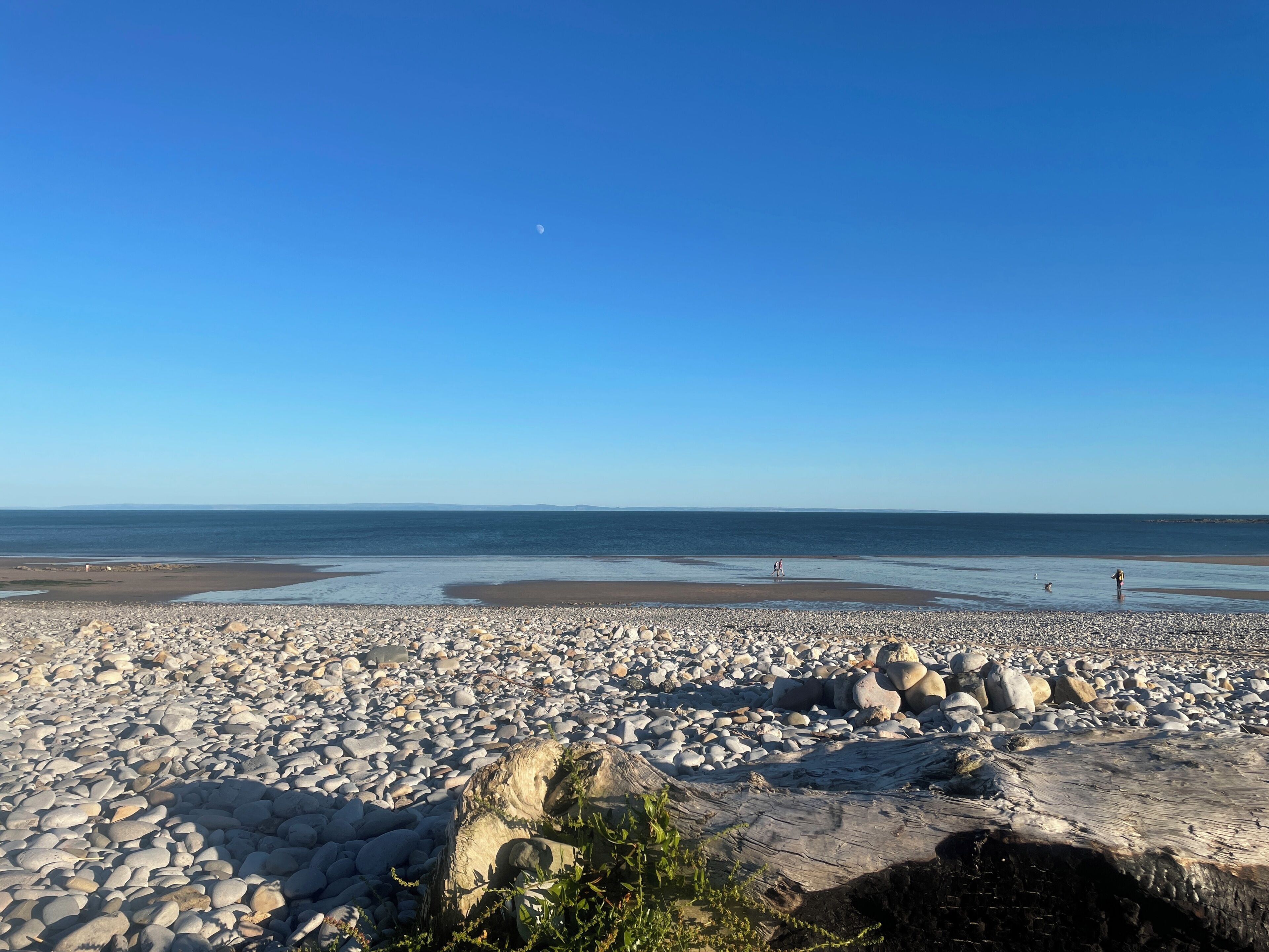 A pebble beach with a clear sky and calm sea.