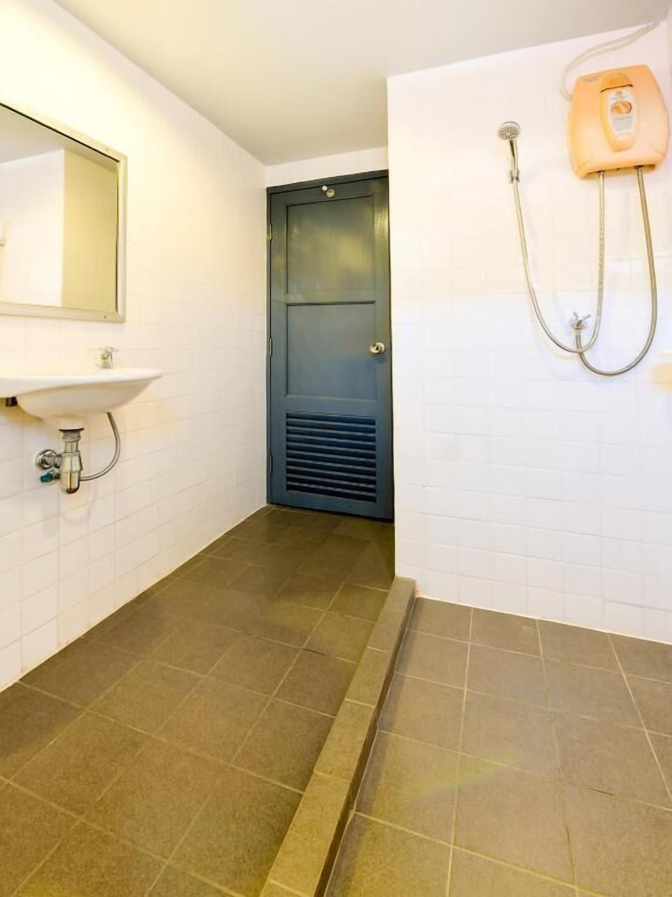 A bathroom with a sink, mirror, shower, and a door.