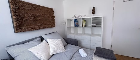 Un dormitorio moderno con un sofá gris, cojines estampados, un mueble de almacenamiento blanco y una alfombra marrón grande.