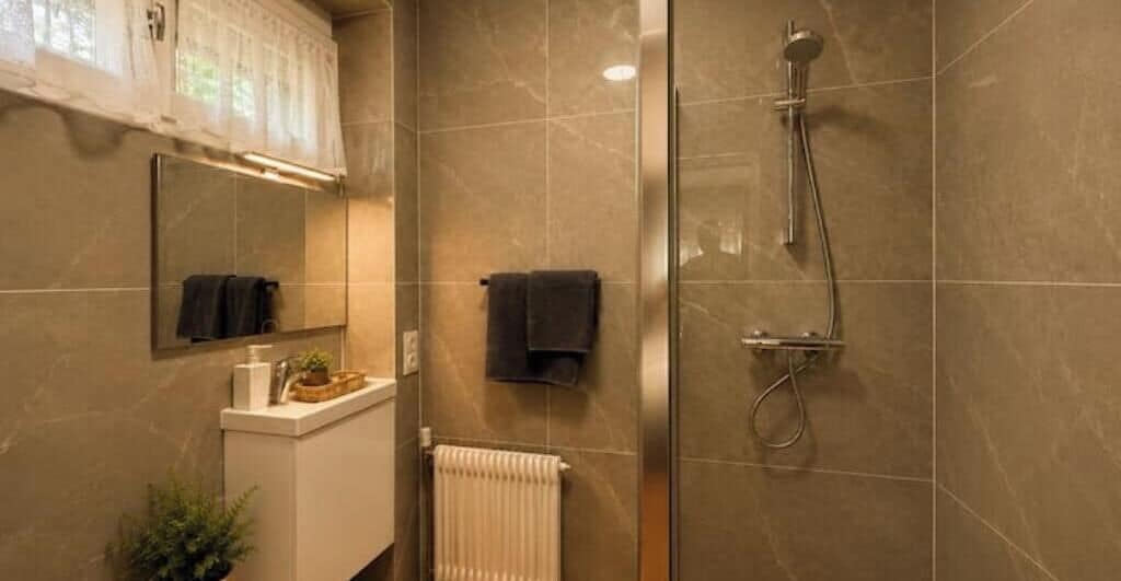 A bathroom with a shower, a mirror, a towel rack, and a radiator.