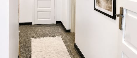 Un pasillo con una puerta blanca, un cuadro enmarcado y un tapete con textura.