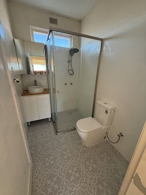 Ein Badezimmer mit einer Duschkabine, einer Toilette und einem Waschbecken mit Spiegel.