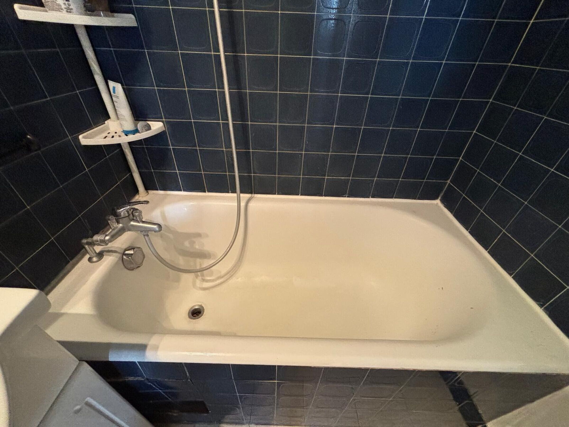 Une baignoire classique, dotée d’un robinet et d’un pommeau de douche à main, placée devant un mur recouvert de carreaux sombres.