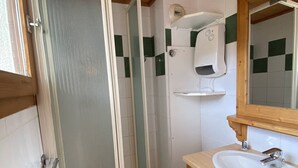 Et badeværelse med bruser, håndvask og spejl.