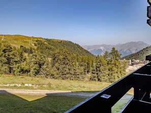 A mountainous landscape with a clear sky, a grassy area with trees, and a distant view of buildings. - Apartment with slope view - 4 guests (Belle Plagne)