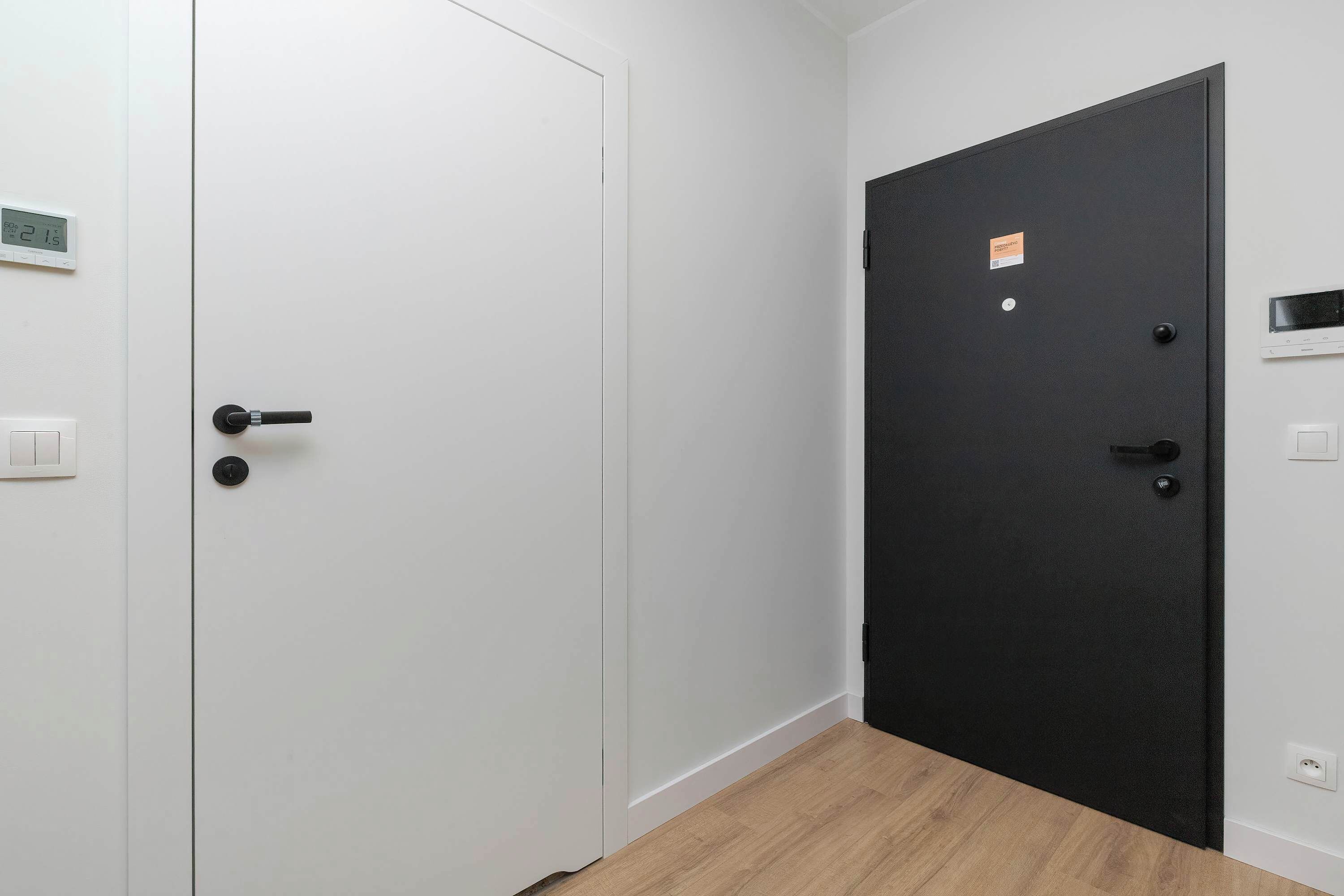 A room with a white door, a black door, and a light switch on the wall.