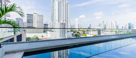 A modern building with a rooftop pool, high-rise buildings in the background, and a clear sky.