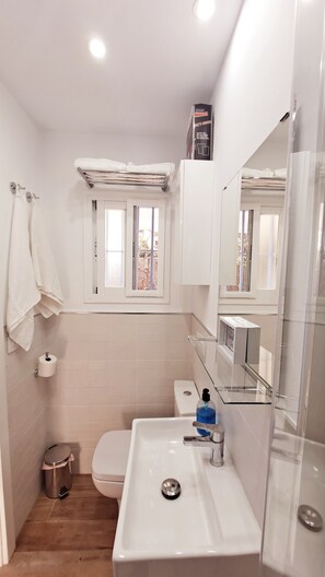 A modern bathroom with a white sink, a toilet, and a shower area.