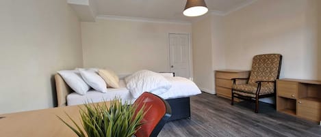 A compact room with a bed, a desk, a chair, and a potted plant.