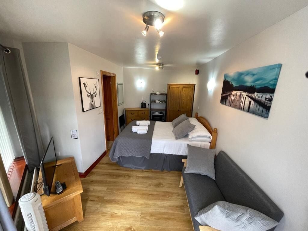 Un dormitorio con cama, sofá, escritorio, televisor y obras de arte en las paredes.