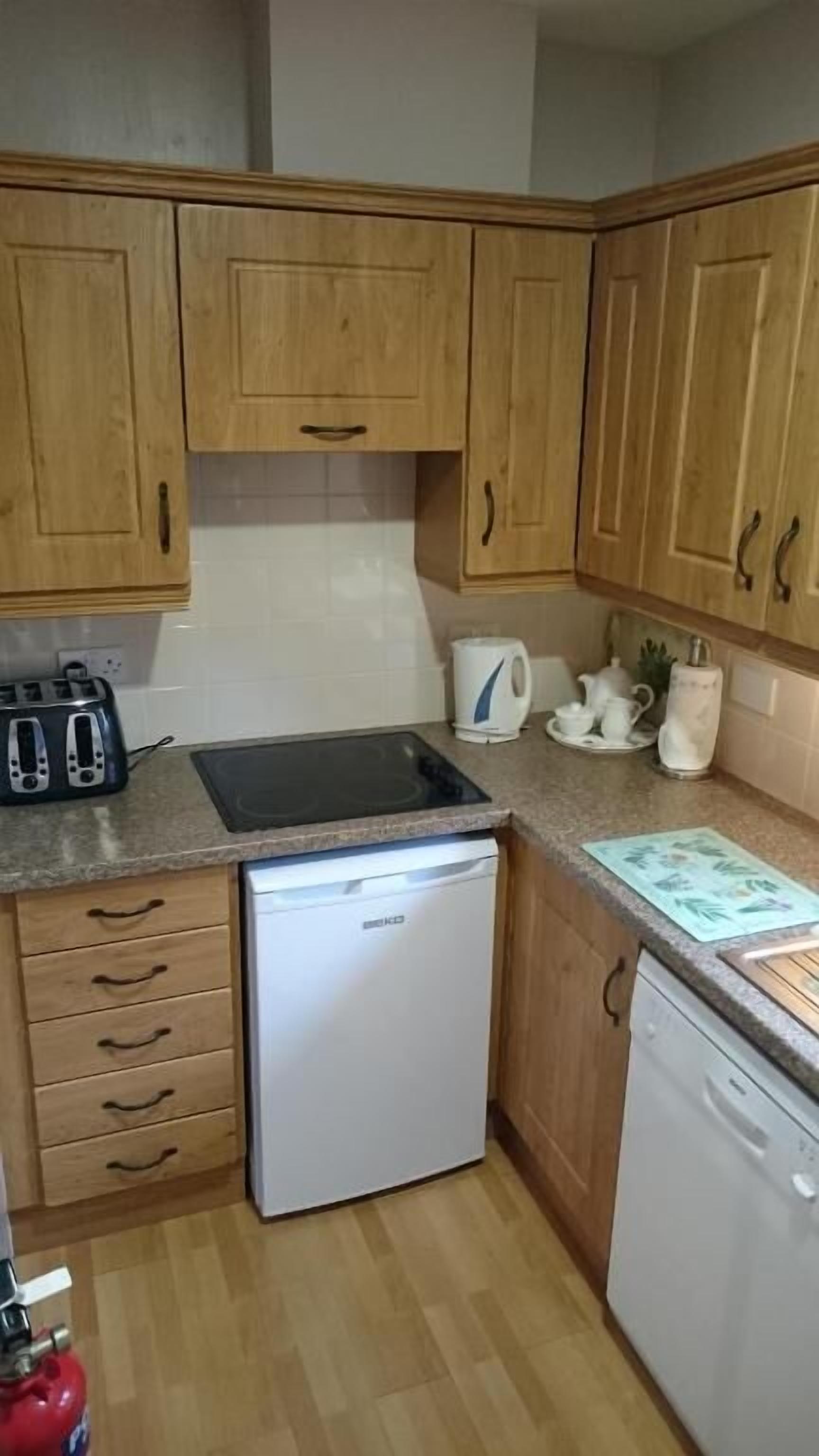 A compact kitchen with wooden cabinets, a built-in dishwasher, a toaster, and a kettle.