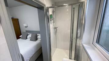 A compact room with a bed, a shower enclosure, and a sink.