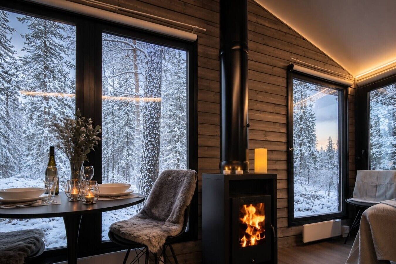 Una habitación acogedora con estufa de leña, ventanas amplias, una mesa de comedor con sillas y vistas a un bosque nevado.