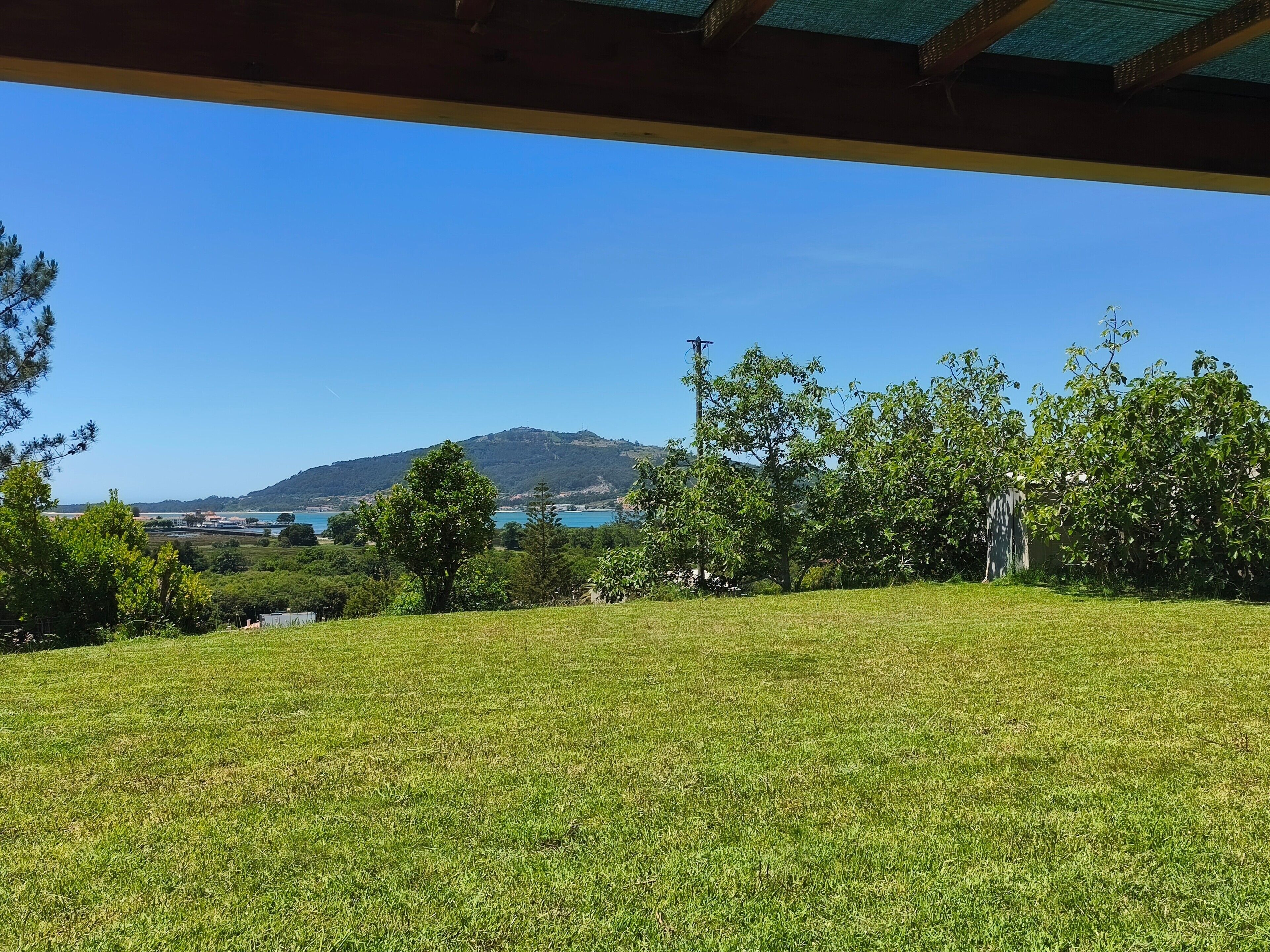 Espacio al aire libre con césped, árboles y vistas a una colina y un cuerpo de agua.