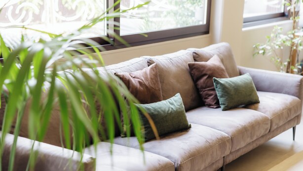 A modern living room with a sofa, cushions, and a large window.