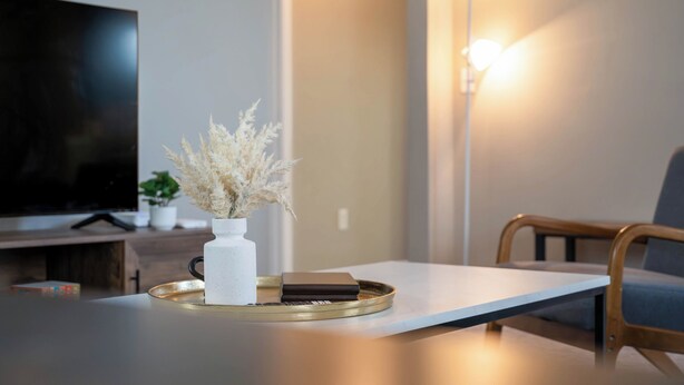 Ein modernes Wohnzimmer mit Fernseher, einer weißen Vase mit Trockenpflanzen, einer Ablage mit einem Buch und einer Stehlampe.