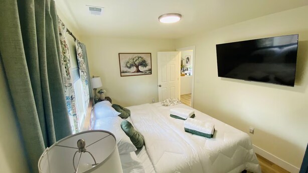 Habitació d'hotel amb un llit, una televisió, una làmpada i un quadre a la paret.