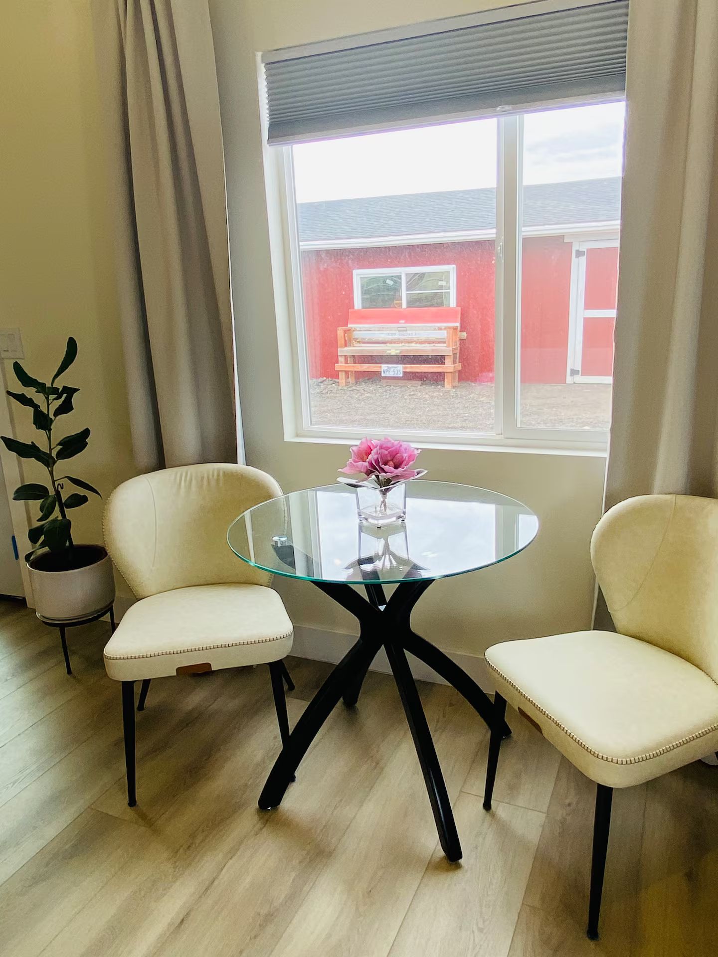 A room with a glass table surrounded by two chairs, a potted plant, and a window with a view of a red building.