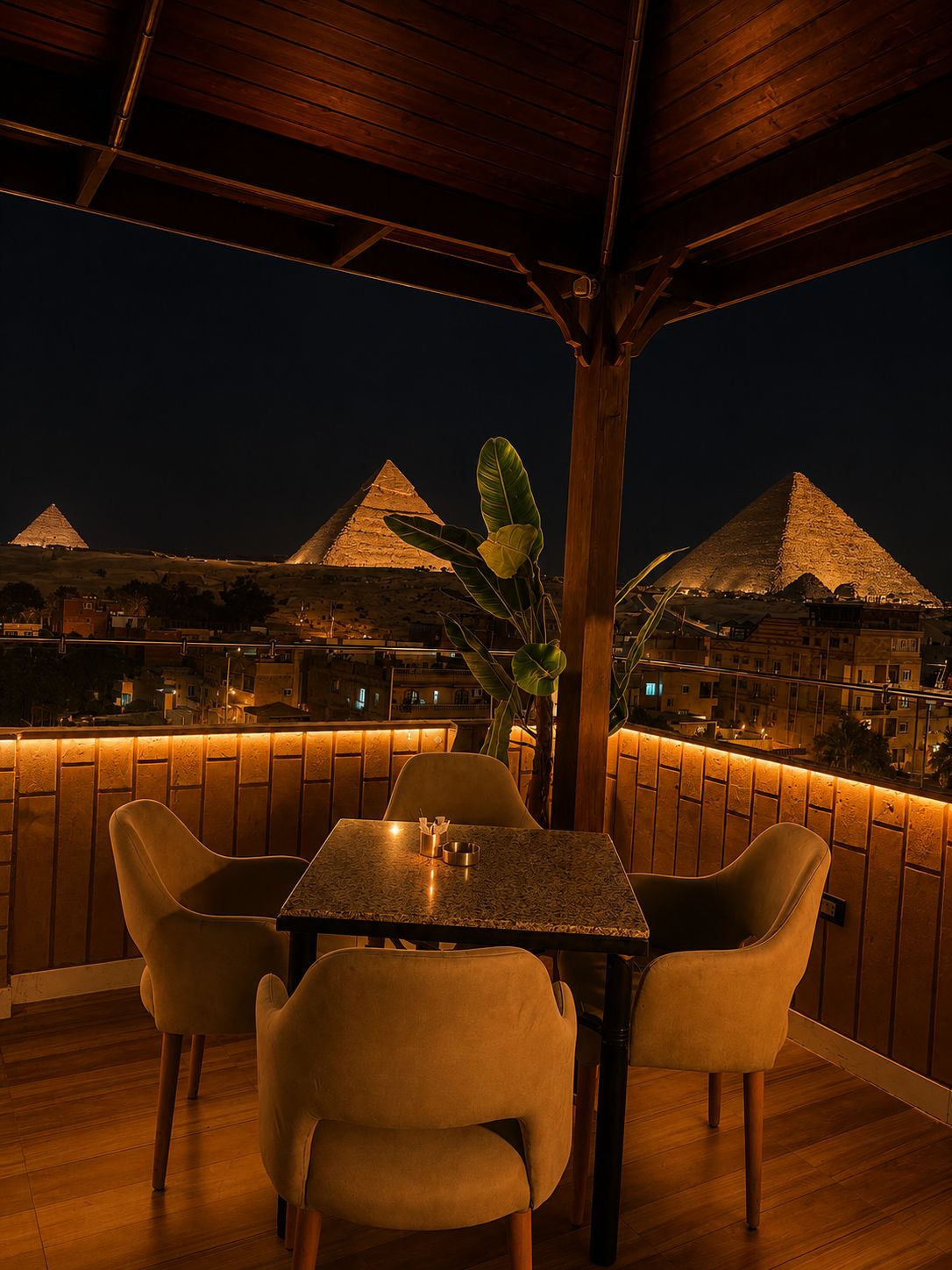 An outdoor seating area with a view of pyramids at night.