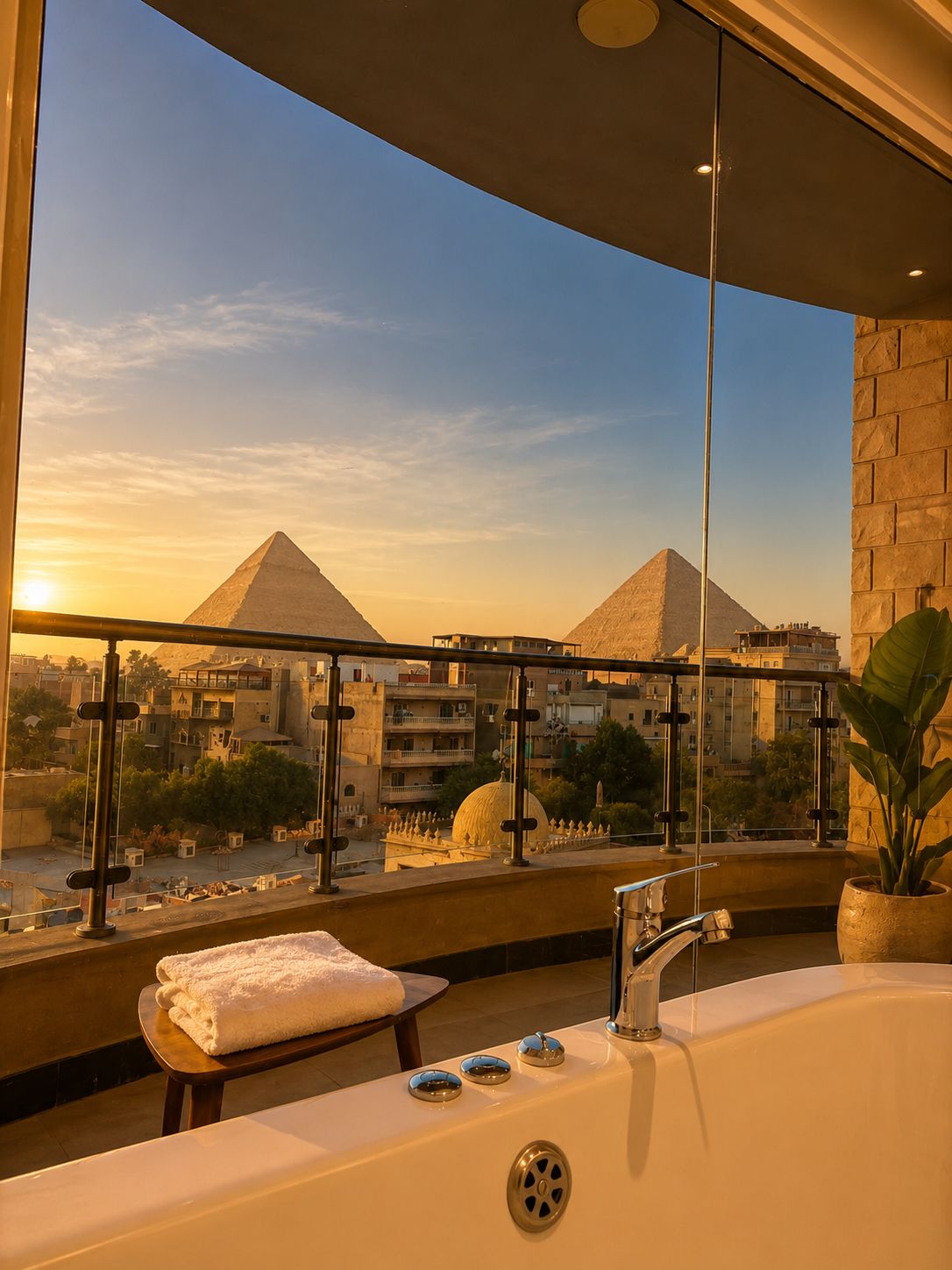 A bathroom with a bathtub, a towel, and a view of pyramids.