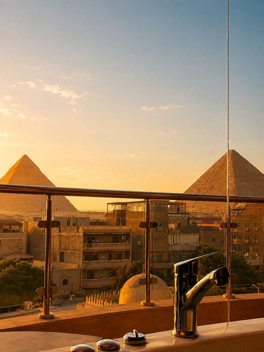 A balcony with a view of two pyramids, a modern building, and a water fountain.
