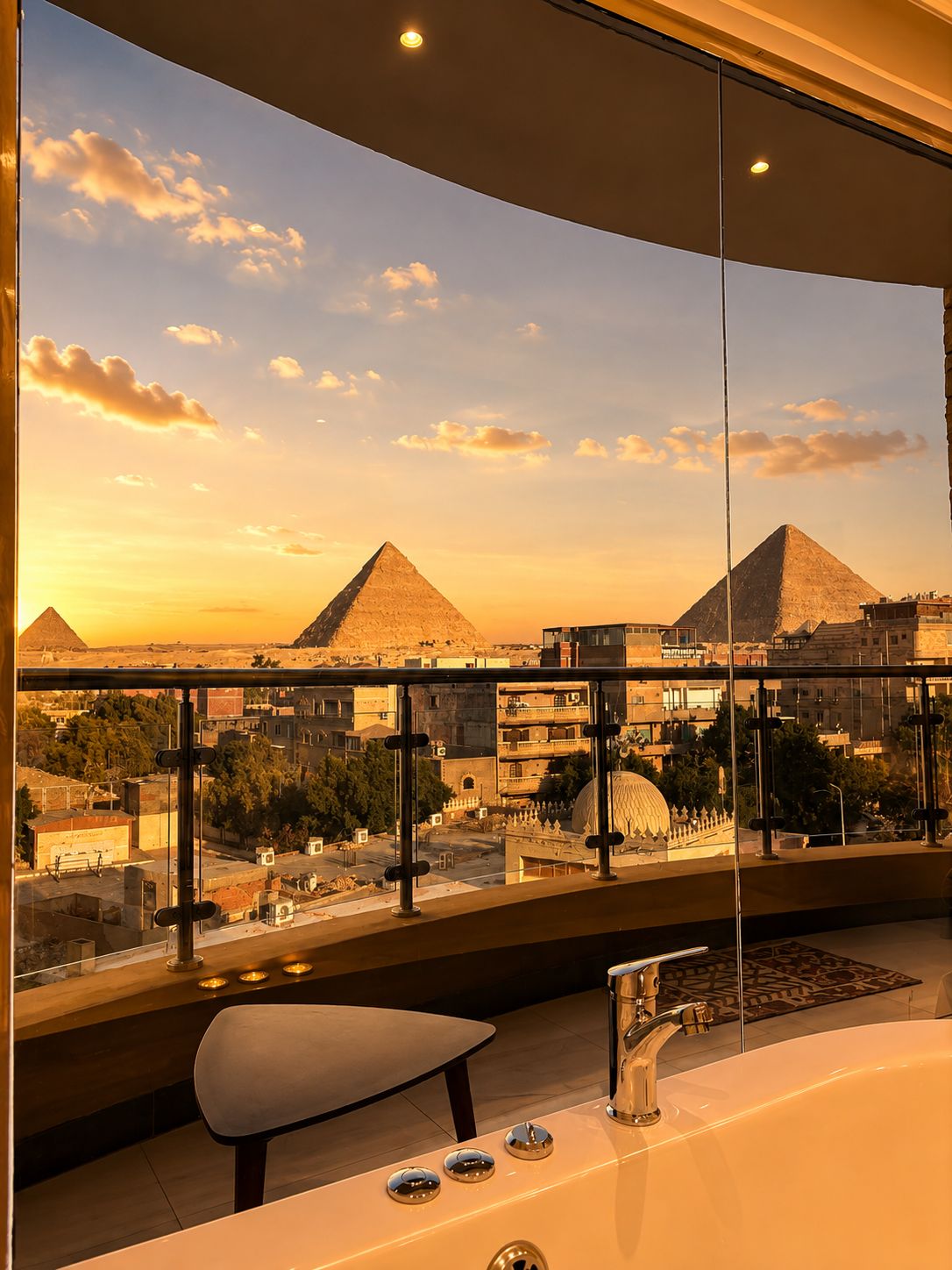 A balcony with a view of the pyramids at sunset.
