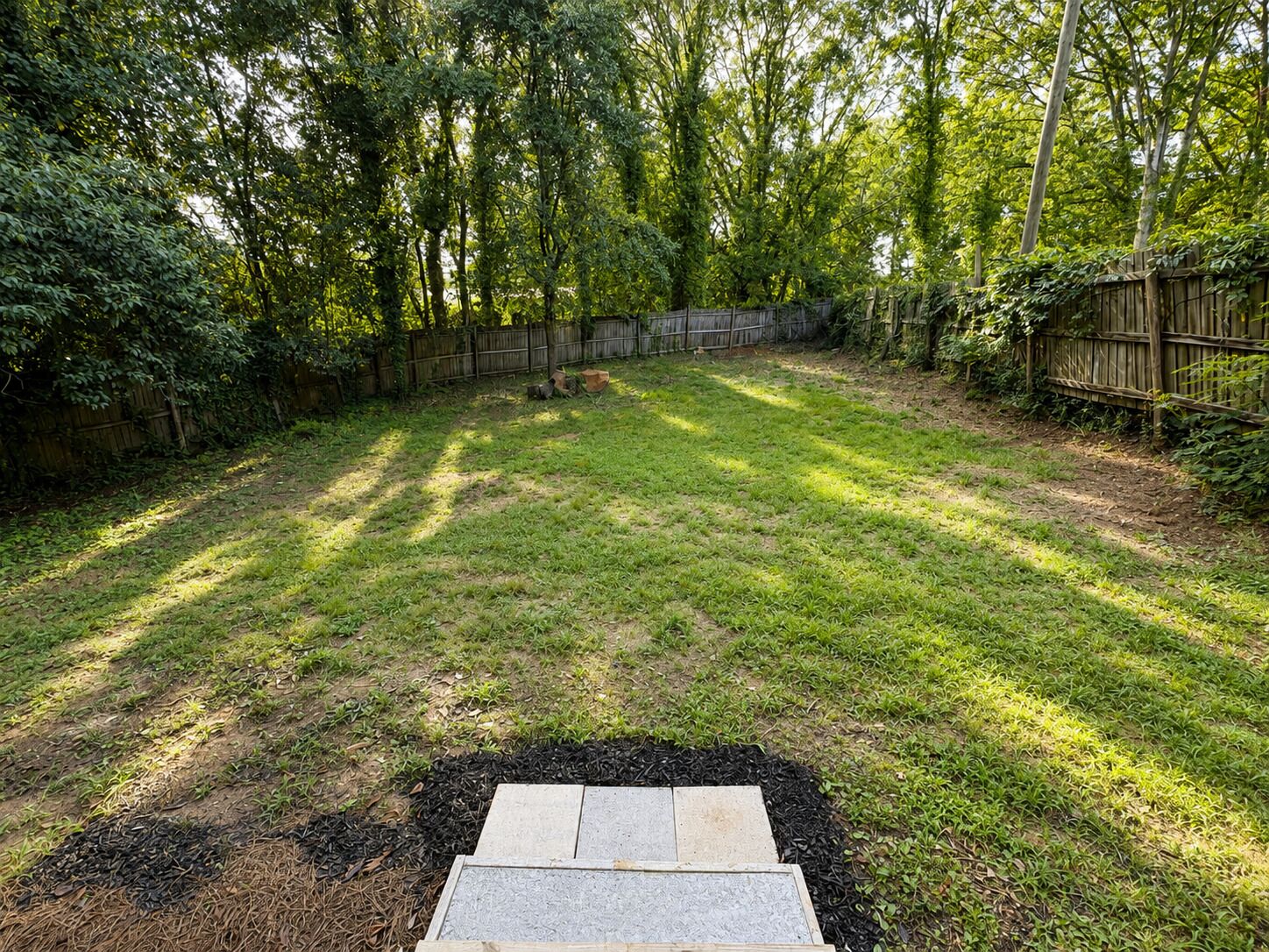 A backyard with a grassy lawn, a wooden fence, and trees.